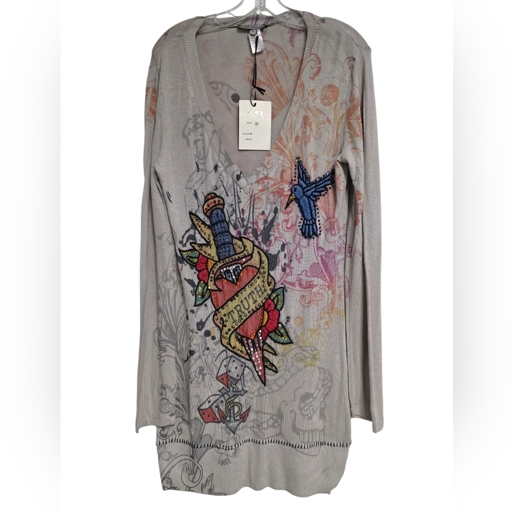 Spy Zone Exchange Graphic Gray Embellished Sweater Tunic Size Medium NWT